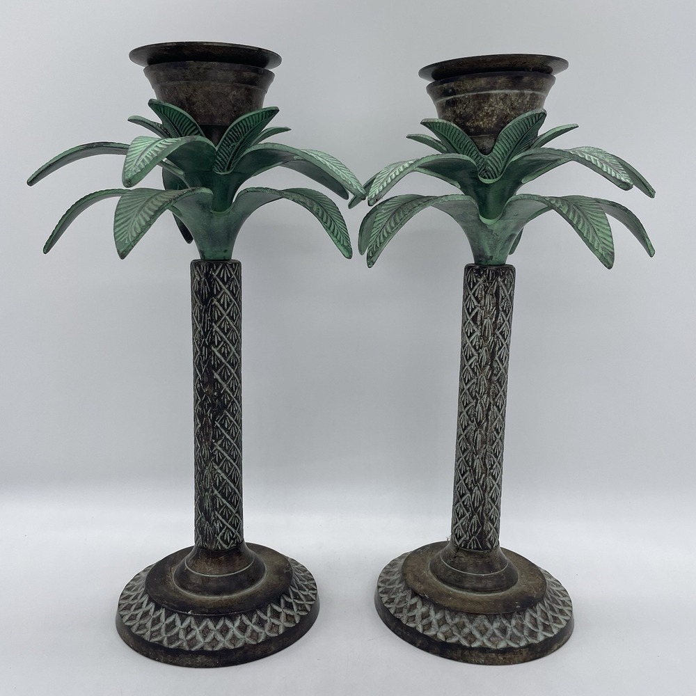 Vintage Brass Palm Tree Candle Stick Holders 13" Made In India MCM Solid Heavy - Picture 2 of 8